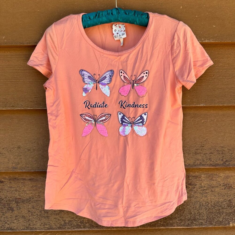 Belle Du Jour Girls Peach Tee Radiate Kindness Butterfly Design Sequin Accents S - Picture 4 of 13